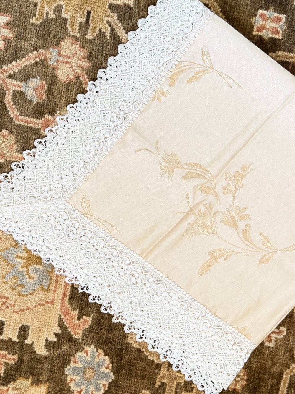 Beige Satin Tablecloth With Embroidered Flowers NEW From Turkey